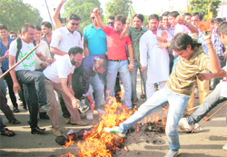 Activists of the BJP Yuva Morcha burn an effigy of the UPA government against hike in petrol price at the Sectors 29 and 30 lightpoints in Chandigarh on Saturday