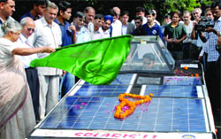 Delhi Chief Minister Sheila Dikshit flags off the Delhi Technological University solar car for the World Solar Challenge 2011 Australia in New Delhi