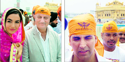 Cast of Speedy Singhs takes a spiritual break. American actor Camilla Belle with actor Anupam Kher and (right) Akshay Kumar at the Golden Temple in Amritsar on Sunday