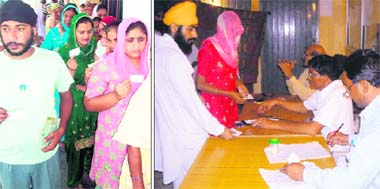 Members of the Sikh community queue up outside a polling booth in Kurukshetra for voting in the SGPC elections on Sunday; and (right) Voters inside a polling booth in a Sirsa village