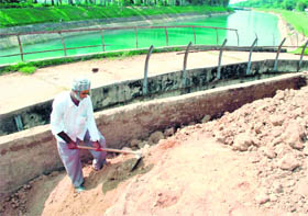 A worker tries to plug a breach in the Nirwana Branch Canal of the Ghaggar near Lachru Khurd village, Ghanour, 30 kms from Patiala on Sunday. 