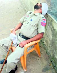 A cop catches up on sleep during duty hours while the election process is on at Muktsar. 