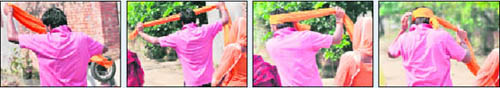 A sequence of how an ineligible voter with shorn hair ties a headgear before entering a polling station at Alamgir village near Ludhiana on Sunday.