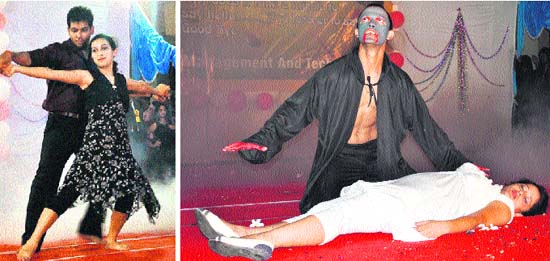 Students perform during the freshers party at the Algol School of Management in Gurgaon.