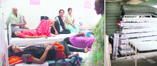 Expectant mothers share beds at the maternity ward; and (right) new beds with mattresses lying in a storeroom of Lord Mahavira Civil Hospital in Ludhiana