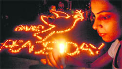 Earthen lamps lighted by the Global Alliance for Rights and Duties on the eve of International Peace Day in Panjab University, Chandigarh