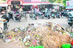 Garbage lies uncollected at the main parking of Sadar Bazar in Sector 19, Chandigarh