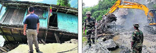 A man stands in front of his quake-ravaged house in Mangan village in north Sikkim; Army jawans repair a road in Mangan