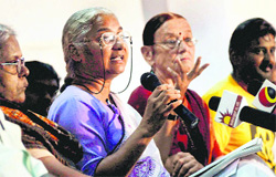 Social activist Medha Patkar addresses a press conference in Chennai on Tuesday. 