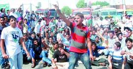 Students blocked traffic at the Bibi Wala Chowk.