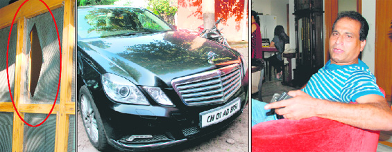 The damaged wire mesh of a door from where the thieves entered the house in Sector 7, Panchkula; The Mercedes Benz car stolen and later abandoned by the thieves; and victim Chander Verma narrates the incident to mediapersons at his residence on Thursday