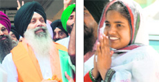Independent candidate Hardeep Singh and SAD candidate Paramjit Kaur Landran acknowledge supporters after their win in the SGPC elections in Mohali on Thursday.