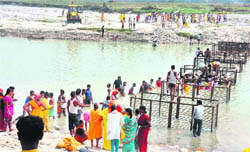 A bridge being built by Shanti Kunj activists in Haridwar