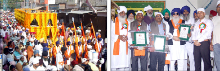 Panj Piaras (left) lead the Nagar Kirtan carried out on the concluding day of the Baba Farid Agman Purb in Faridkot on Friday; recipients (holding citations) of the Bhagat Puran Singh Award for Service to Humanity and the Baba Farid Award for Honesty, at Gurdwara Godri Sahib