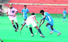 Players in action during a hockey match in Chandigarh on Friday.