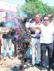 Members of the cooperative cell of the city BJP unit burn an effigy of Union Home Minister P Chidambaram in Dehradun on Friday.