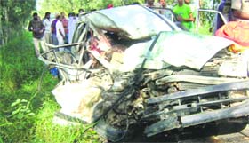 The mangled remains of an Alto car after it met with an accident in Sirsa on Friday.