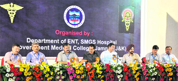 RS Chib, Minister for Medical Education, (fourth from left) along with other officials at a seminar after the inauguration of the 35th North West Zonal Annual Conference of Association of Otolaryngologists at the GMCH in Jammu on Friday
