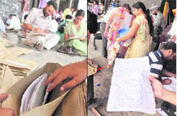 Unsealed envelopes containing roll numbers of students appearing for the Punjab School Education Board class X examinations; and (right) the list of schools with the school board staff at Punjab Bhawan in Ludhiana 