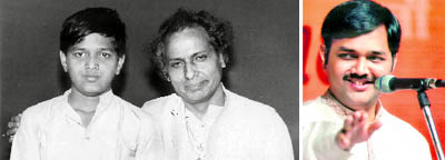 Sanjeev Abhyankar and Pandit Jasraj; and (right) Abhyankar during a concert
