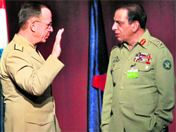 Pakistans army chief Gen Ashfaq Kayani (R) listens to US Admiral Mike Mullen at the start of the NATO conference in this Sept 16, 2011 photo