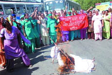 The members of the ANM and LHV Union burn the effigy of the Punjab Government during a protest in Bathinda on Saturday.  