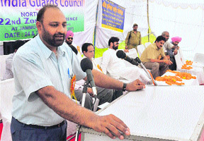 A local leader addresses a gathering during the 22nd zonal conference of the All-India Guards Council in Jammu