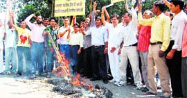 Members of the Uttarakhand Jan Sena burn an effigy of the state government in Dehradun on Sunday.