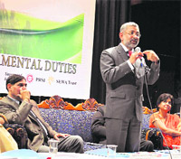 HP High Court Chief Justice Kurian Joseph speaks at a colloquium on fundamental duties at the Gaiety Theatre in Shimla o Sunday. 