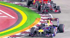 Red Bulls Sebastian Vettel drives during the Singapore Grand Prix at the Marina Bay street circuit in Singapore on Sunday.