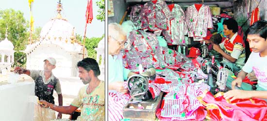 The complex of the Hanuman temple shrine being spruced up for the Navratras, and (left) Tailors busy stitching traditional costumes worn as part of the festivities of the Langoor Mela in Amritsar