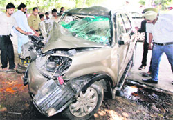 A mangled Honda CRV that rammed into a tree near the Sector-8 gurdwara, Chandigarh, killing 58-year-old Bharat Pal Singh on Monday.