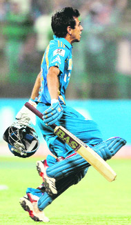 On the last ball, Yuzvendra Chahal (pic) hit a full toss with his soft hands and then went for the second run. T&T fielder Ramdin slipped in collecting the ball, yet tried to throw the stumps down but missed. Ramdin kept lying on the field face down and Chahal was ecstatic as he scored the winning two runs for Mumbai Indians.