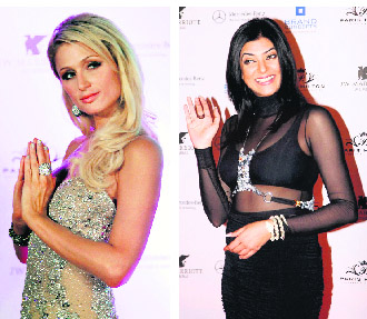 Hollywood actor and businesswoman Paris Hilton arrives to attend a party hosted by Bollywood actor Koena Mitra at a hotel in Juhu, Mumbai. Seen alongside actor Sushmita Sen at one of the parties hosted in Paris honour.