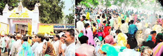 Devotees queue up at Narayani Shilla Temple; and (right) rituals being performed in the temple on the occasion of Shraadh Amavasya in Haridwar on Tuesday.