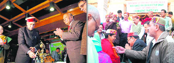 Chief Minister Prem Kumar Dhumal inaugurates a function on the World Tourism Day in Shimla on Tuesday; and (right) SDM-cum-DTO Balbir Thakur and members of the Manali Hoteliers Association greet visitors with Kullu caps and garlands in Manali. 