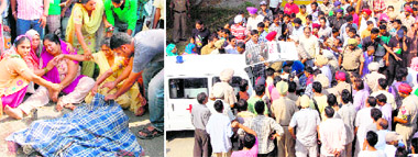 Villagers and family members of Raj Mohit, who was crushed to death by a truck on the Rama Mandi-Dhilwan village road, protest by placing the body on the road.