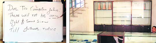 The notice displayed at Jallianwala Bagh about disruption of light and sound show in Amritsar. (Right) Souvenir shop at the Jallianwala Bagh has limited souvenirs for sale. 