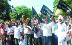 Staff of the Guru Nanak Dev Thermal Plant show black flags to the chairman of the PSPCL KD Chaudhary on the latters visit to the Thermal Colony in Bathinda 