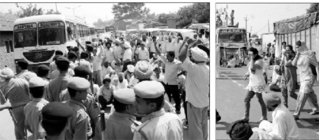 Policemen stop agitating farmers from entering Chandigarh; and (right) commuters walk under the scorching sun on the National Highway-21, Balongi (Kharar), on Wednesday