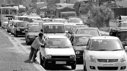 Vehicles stuck in a jam on the Chandigarh-Zirakpur border on Wednesday