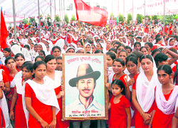 Activists of the All-India Youth Federation observe the birth anniversary of Bhagat Singh at the Desh Bhagat Yaadgar Hall in Jalandhar on Wednesday