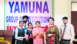 Dr Sarvjeet Kaur, director of the Yamuna Group of Institutions, with the winners of various contests in Yamunanagar.