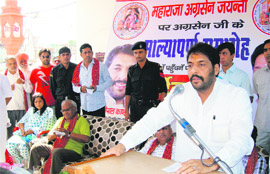 Haryana Minister Gopal Kanda speaks at a function to mark the birth anniversary of Maharaja Agrasen in Sirsa.