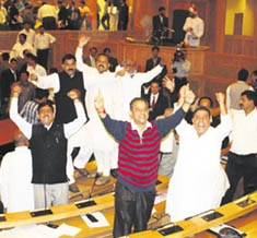Panthers Party and BJP legislators hold a protest inside the Legislative Assembly, alleging that both the government and the Opposition were not allowing the House to function.