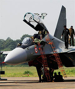 Maintenance staff inspect a Sukhoi-30 aircraft before it takes off for a sortie from the Kalaikunda Air Force Station in West Midnapore district of West Bengal on Thursday to demonstrate bombing operations. Air Force Day will be celebrated on October 8. 