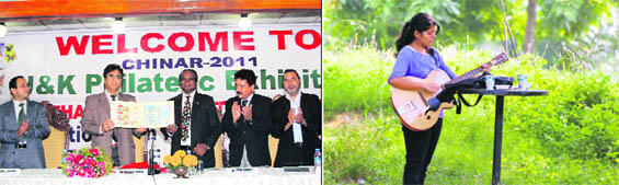 Kuldeep Khoda, DGP, and John Samuel, chief postmaster general, J&K Circle, release new postal stamps in Srinagar; and (right) A girl plays a guitar on the Jammu University campus