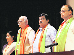 BJP leaders Sushma Swaraj, LK Advani, party chief Nitin Gadkari and Arun Jaitley at the partys National Executive in New Delhi on Friday