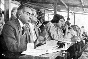 Little is known about Tiger Pataudis fleeting forays into journalism; hes seen here (extreme right) in the Press box, Eden Gardens, 1972-73 Photo by the writer