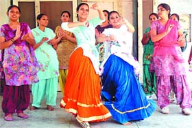 Students of the Government Rajindra College rehearse at their college campus for the Zonal Youth Festival of the Punjabi University, Patiala, slated to begin on Monday, at the Baba Farid College in Bathinda, on Saturday. 